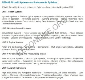 AE8402 Aircraft Systems and Instruments Syllabus