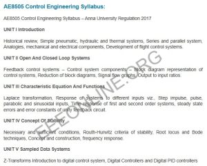 AE8505 Control Engineering Syllabus